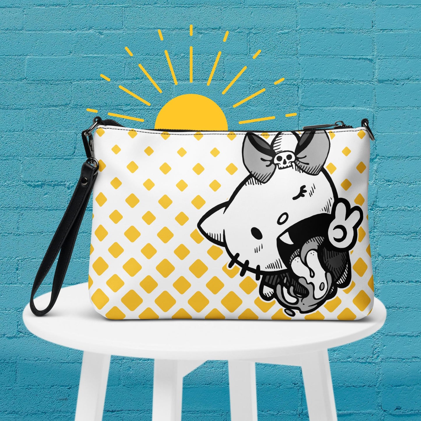 Cartoon Kitty Peace Sign Crossbody Bag