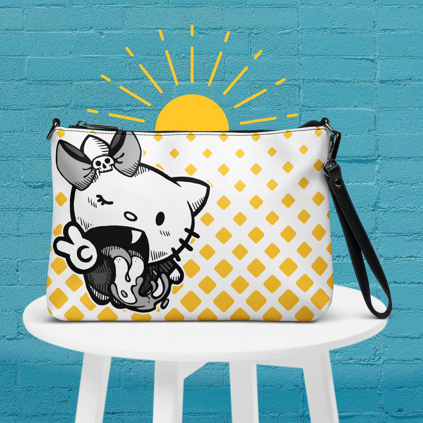 Cartoon Kitty Peace Sign Crossbody Bag