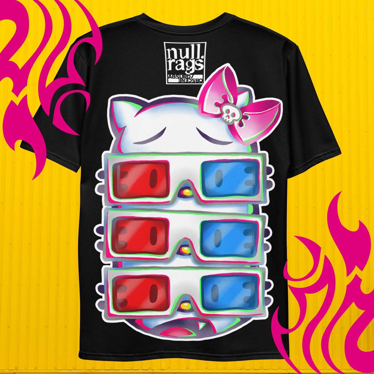 Black 3D Glasses Kitty Large Print T-Shirt - Playful Fashion