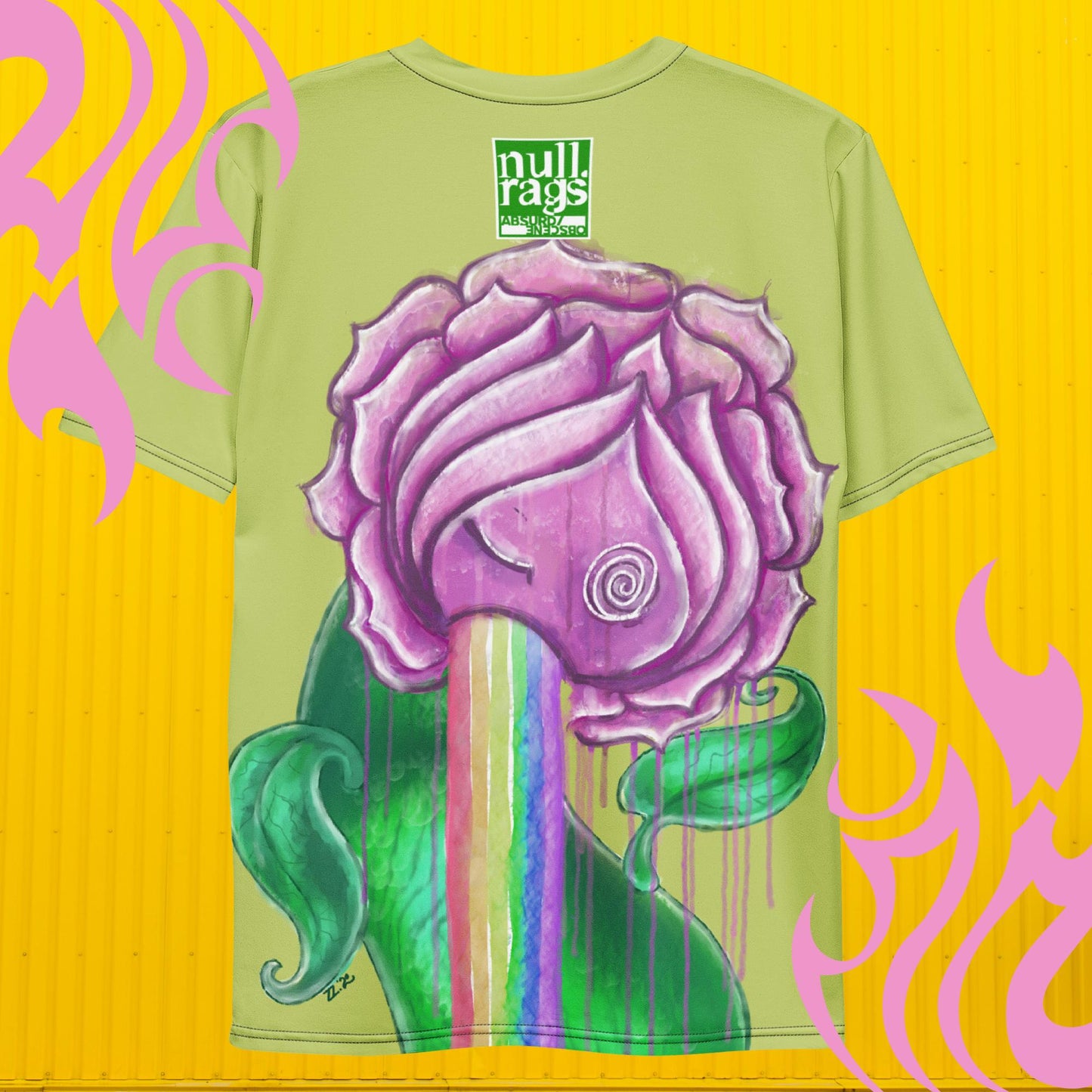 Lime Green Rose Vomiting Rainbows T-Shirt - Vibrant Artwork