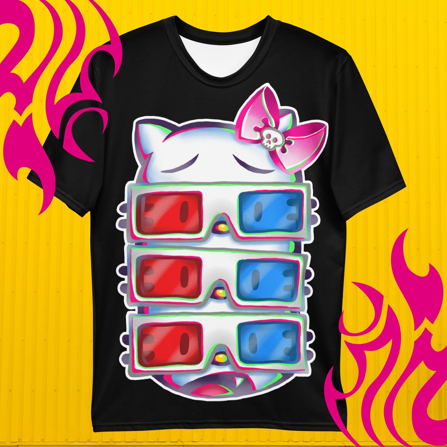 Black 3D Glasses Kitty Large Print T-Shirt - Playful Fashion