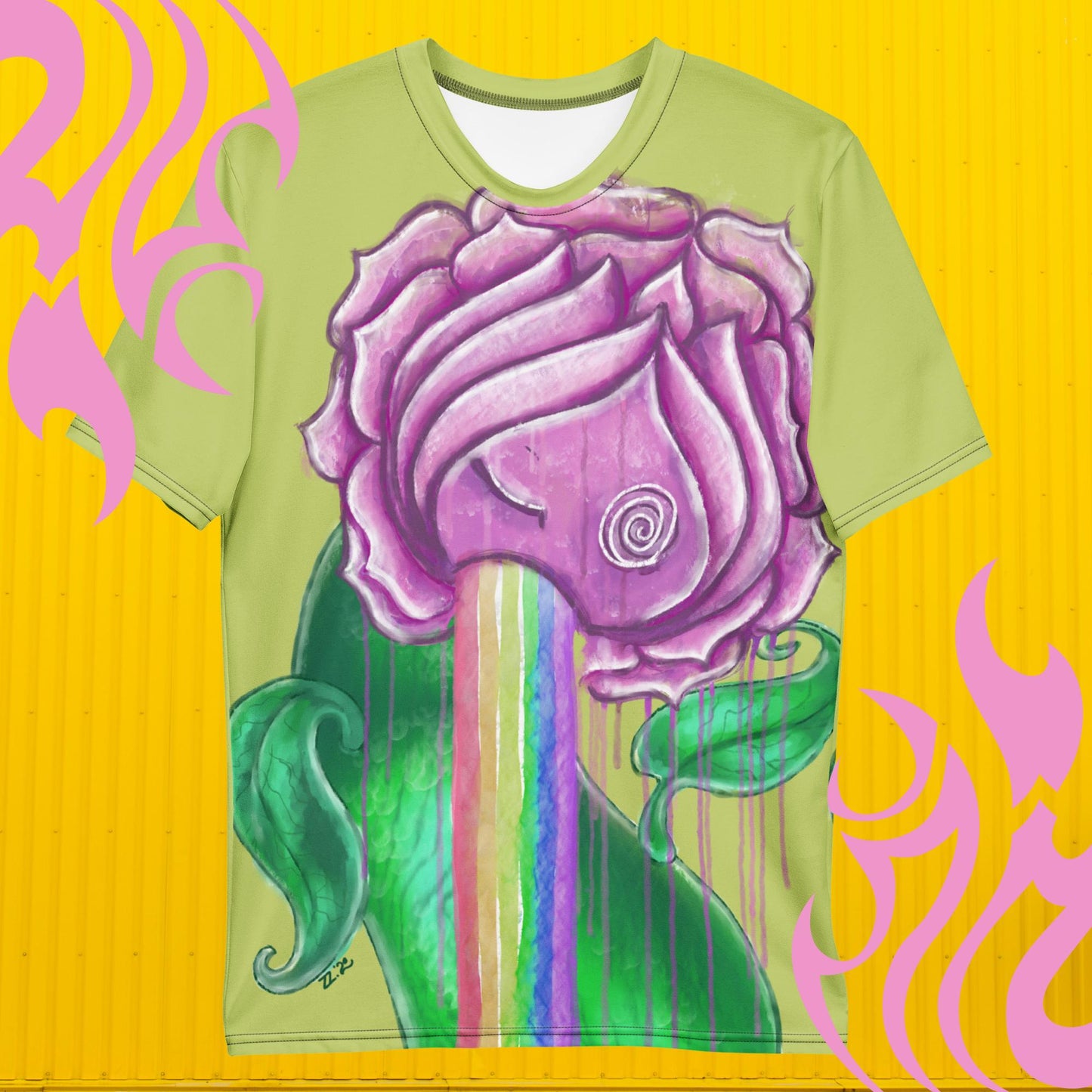Lime Green Rose Vomiting Rainbows T-Shirt - Vibrant Artwork