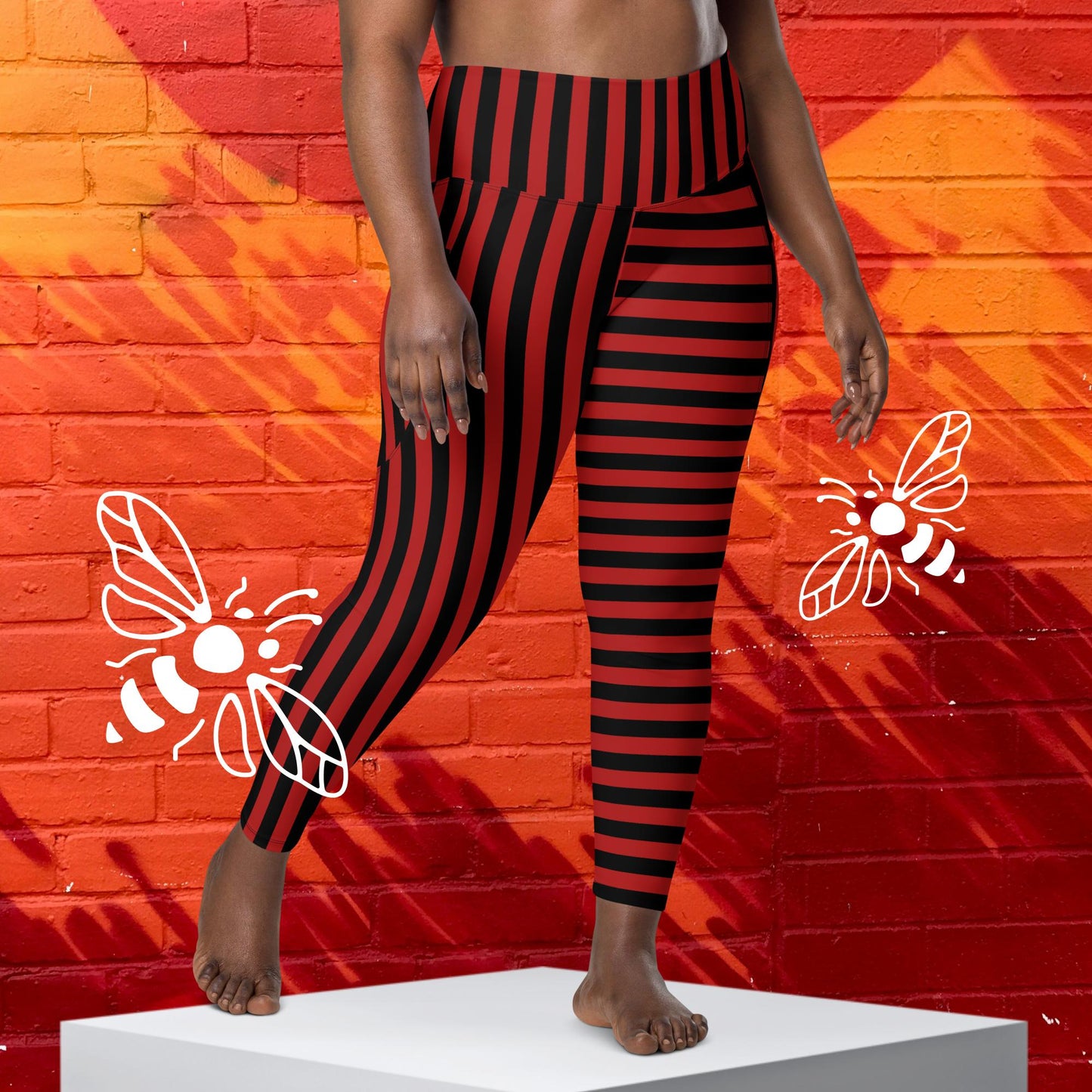 Women's Mismatched Red and Black Striped Leggings with Pockets - Sizes 2XS-6XL | Bold & Unique Statement