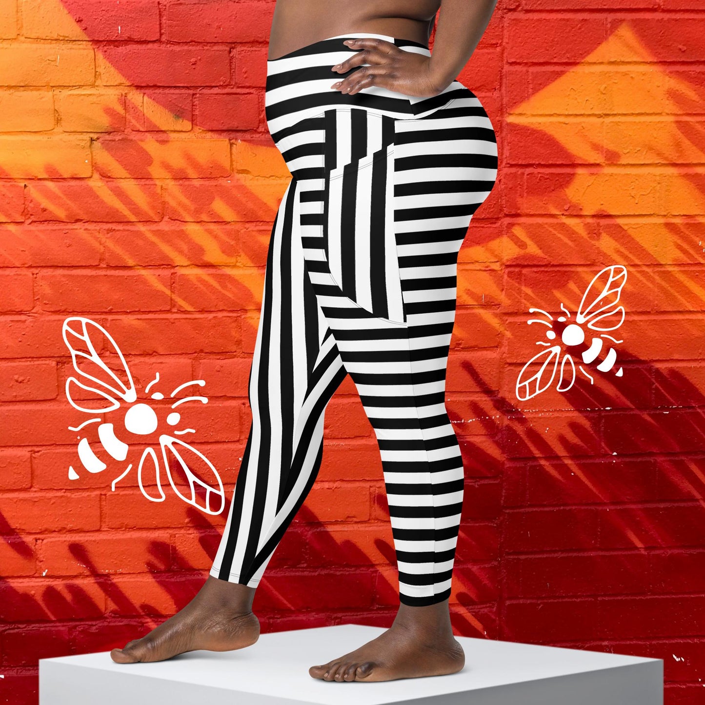Women's Mismatched Black and White Striped Leggings - Sizes 2XS-6XL | Bold & Unique Fashion Statement