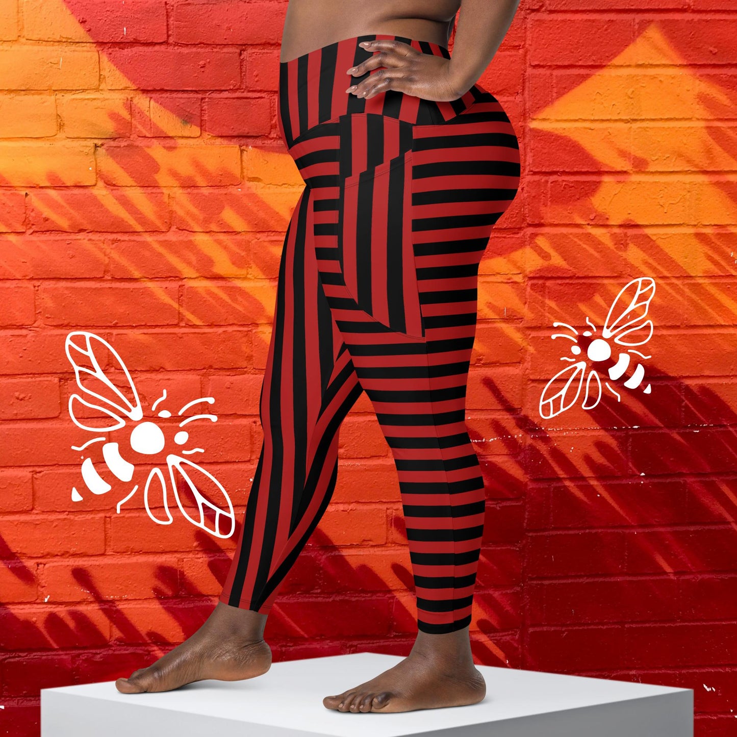 Women's Mismatched Red and Black Striped Leggings with Pockets - Sizes 2XS-6XL | Bold & Unique Statement