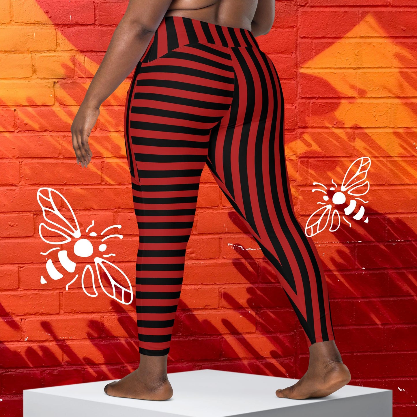 Women's Mismatched Red and Black Striped Leggings with Pockets - Sizes 2XS-6XL | Bold & Unique Statement