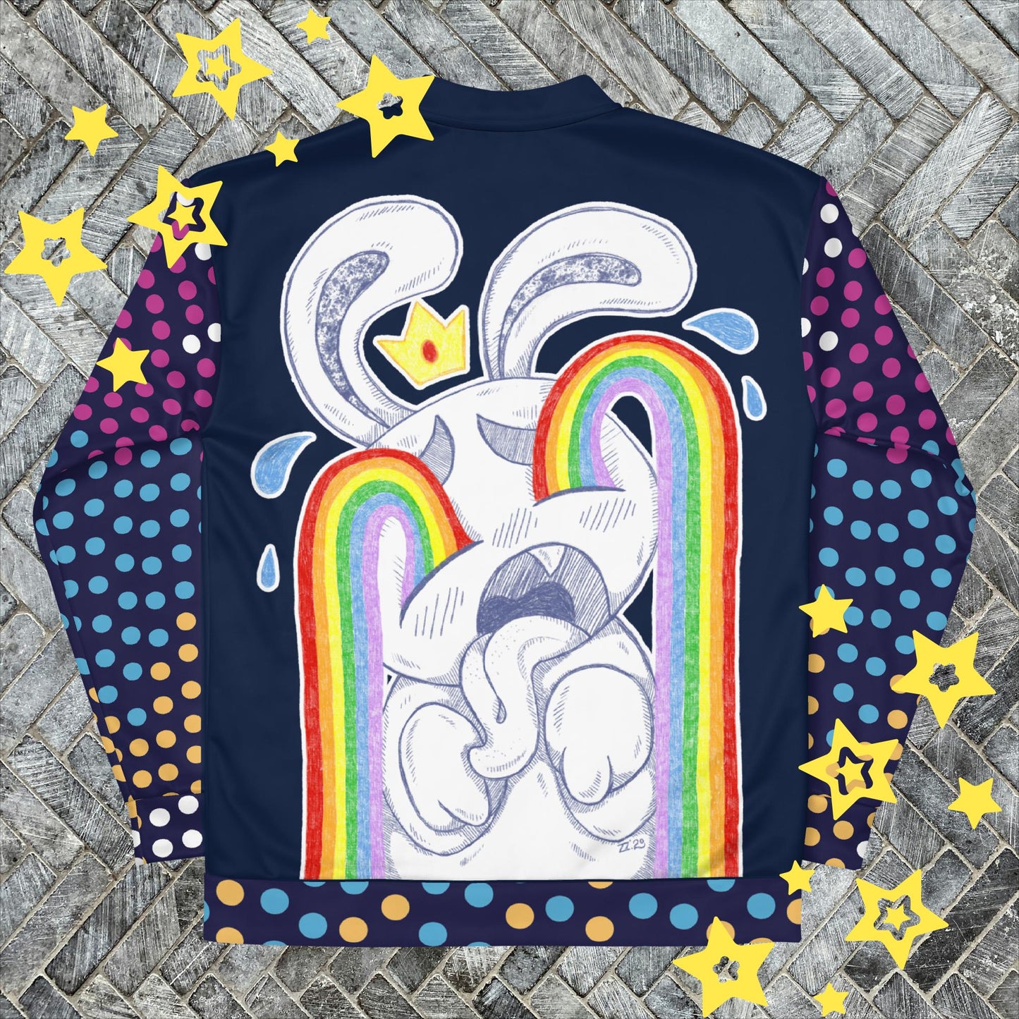 Blue & Purple Rainbow Tears Bunny Bomber Jacket - Expressive Fashion
