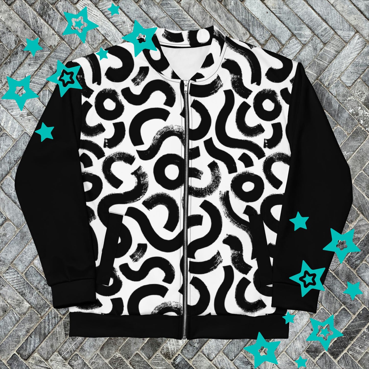 High-Contrast Kitty Bomber Jacket - Bold Black & White Style
