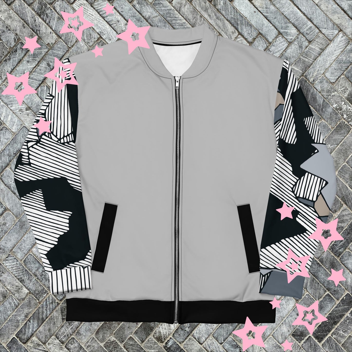 Monochrome Cute-Thulhu Bomber Jacket - Vibrant Pink & Purple Eldritch Art