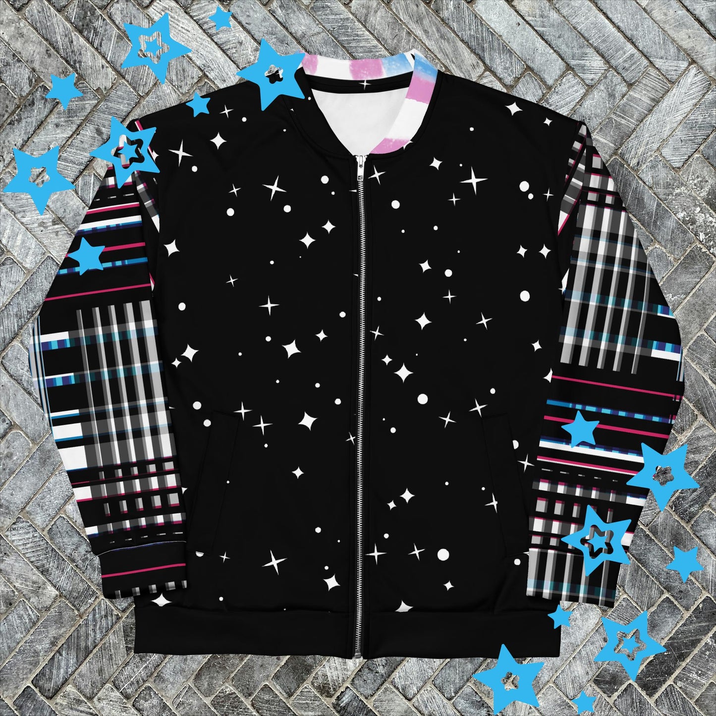 Multicolor Transgender Pride Laser Cat Bomber Jacket - Fierce & Fabulous