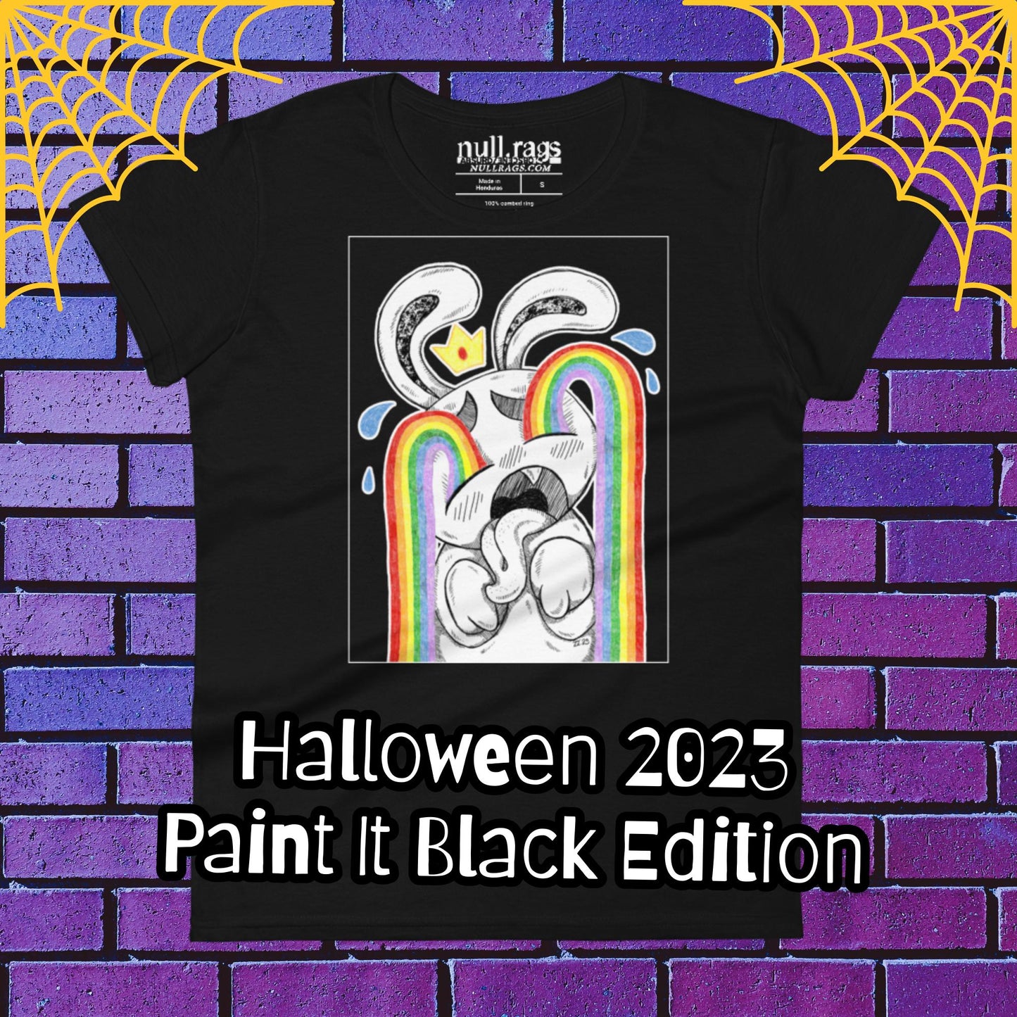 Crying Bunny Rainbows Femme Fit T-Shirt - A Gothic Celebration of Queer Pride in Halloween 2023