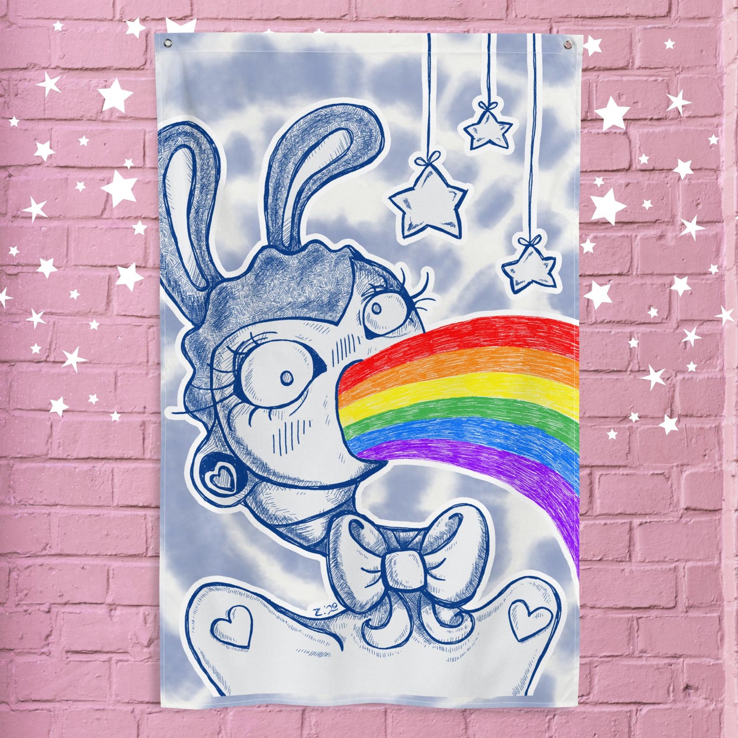 Rainbow Vomiting Bunny Flag - A Burst of LGBTQ Pride and Artistry