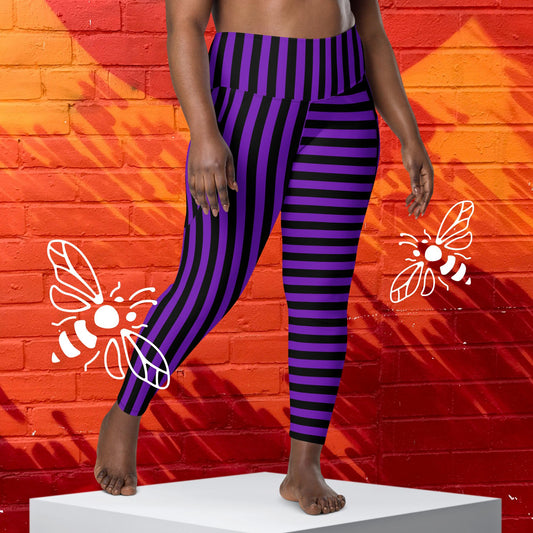 Mismatched Purple and Black Striped Leggings with Pockets - Sizes 2XS-6XL | Bold & Unique Statement