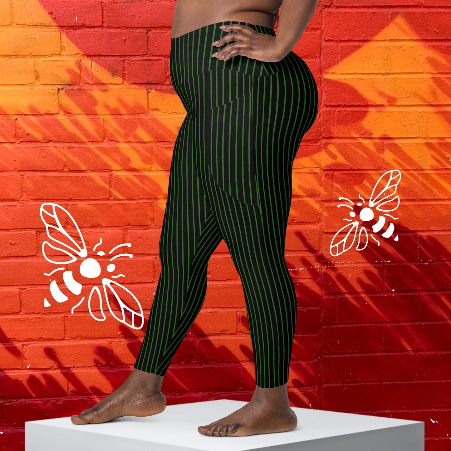 Women's Green on Black Pinstriped Leggings with Pockets - Sizes 2XS-6XL | Sleek and Stylish Essentials