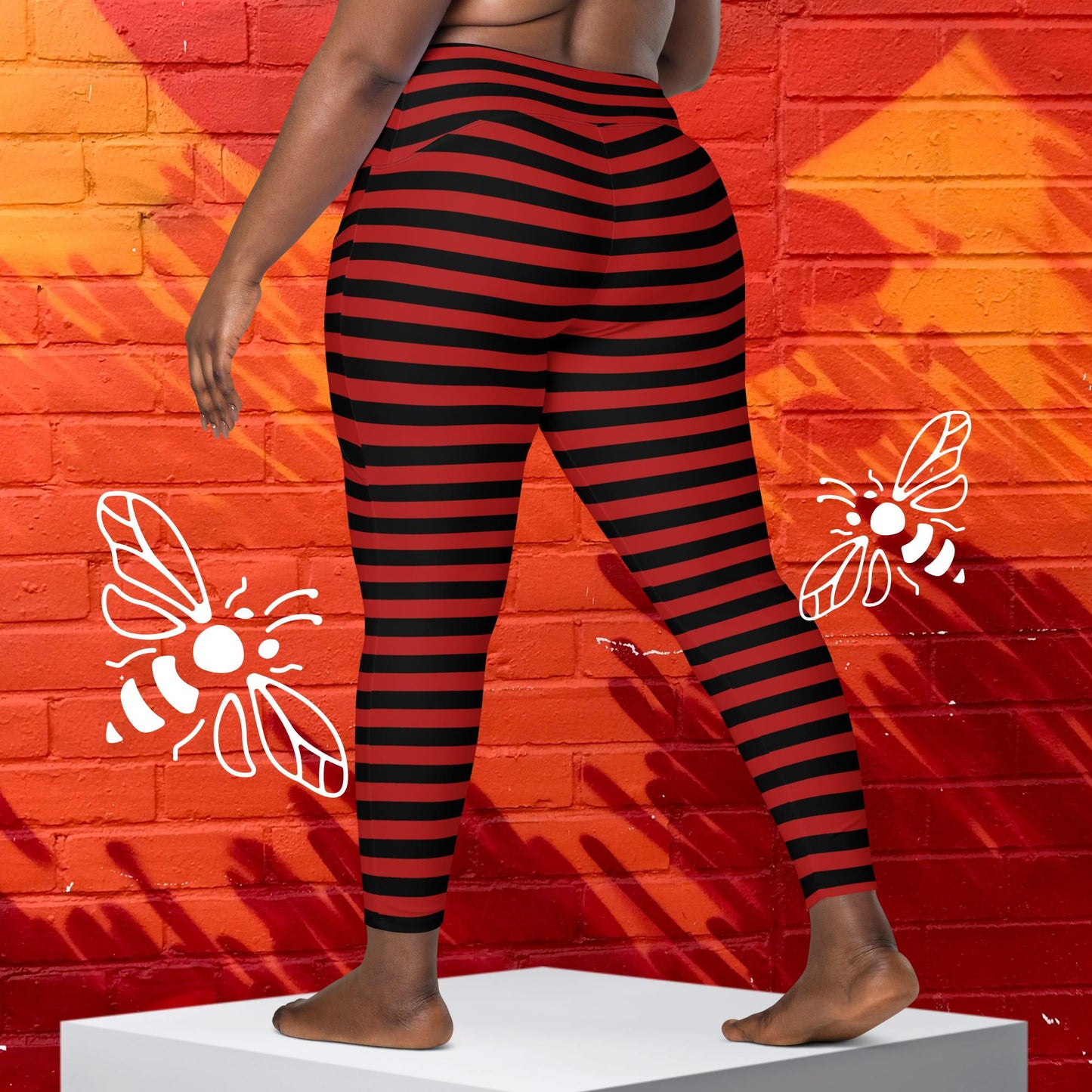 Women's Red and Black Horizontal Stripe Leggings with Pockets - Sizes 2XS-6XL | Bold Statement Style