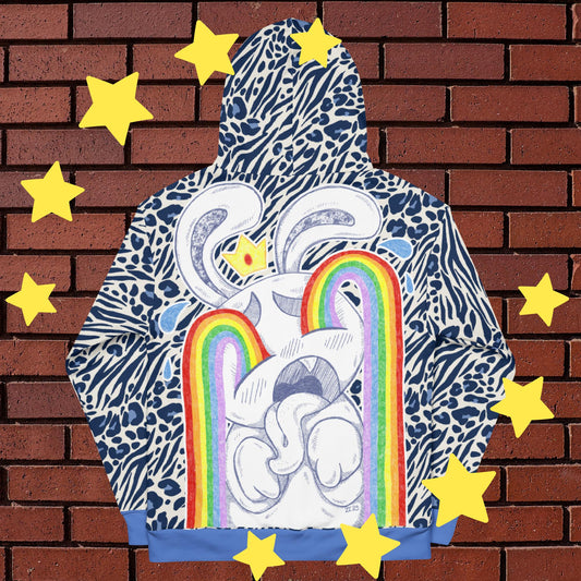 Sad Bunny Crying Rainbows Hoodie - Unique Black, White, & Blue Design