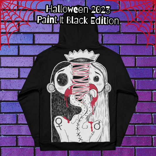 Halloween 2023 "Paint it Black" (Red) Edition - Split In Two Hoodie - Queer Art, Alt Culture, Creepy Cute