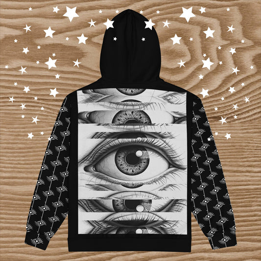 Fractal Eye Zip-Front Unisex Black Hoodie: Unleash Your Inner Visionary