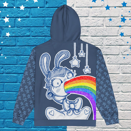 Rainbow Vomiting Bunny Zip-Up Hoodie | Unisex Colorful Rabbit Sweater