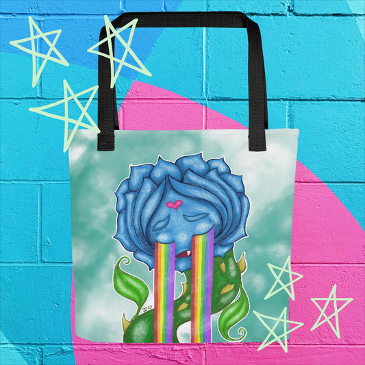 Rainbow Tears Tote Bag: Carry Colorful Emotions with a Blue Rose Design