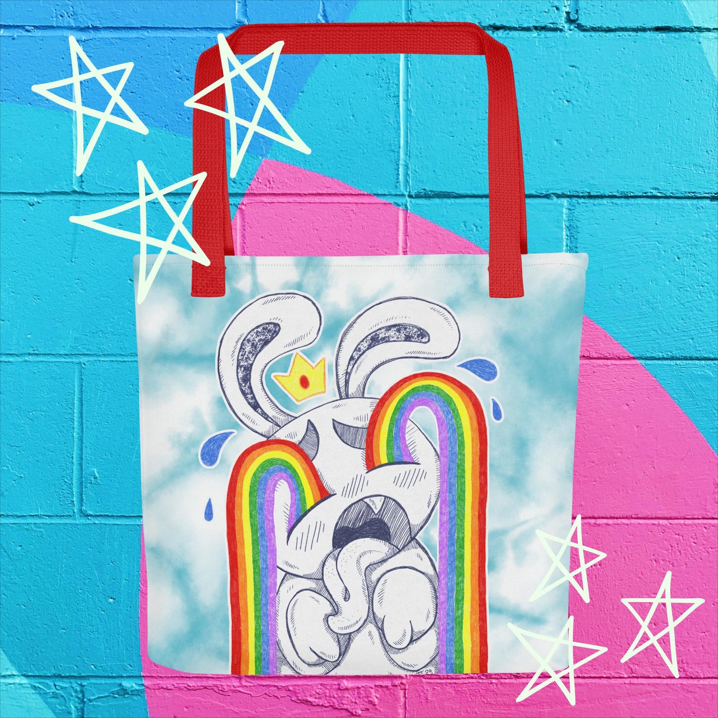 Rainbow Tears Tote Bag: Expressive Sad Bunny Design for Colorful Emotions