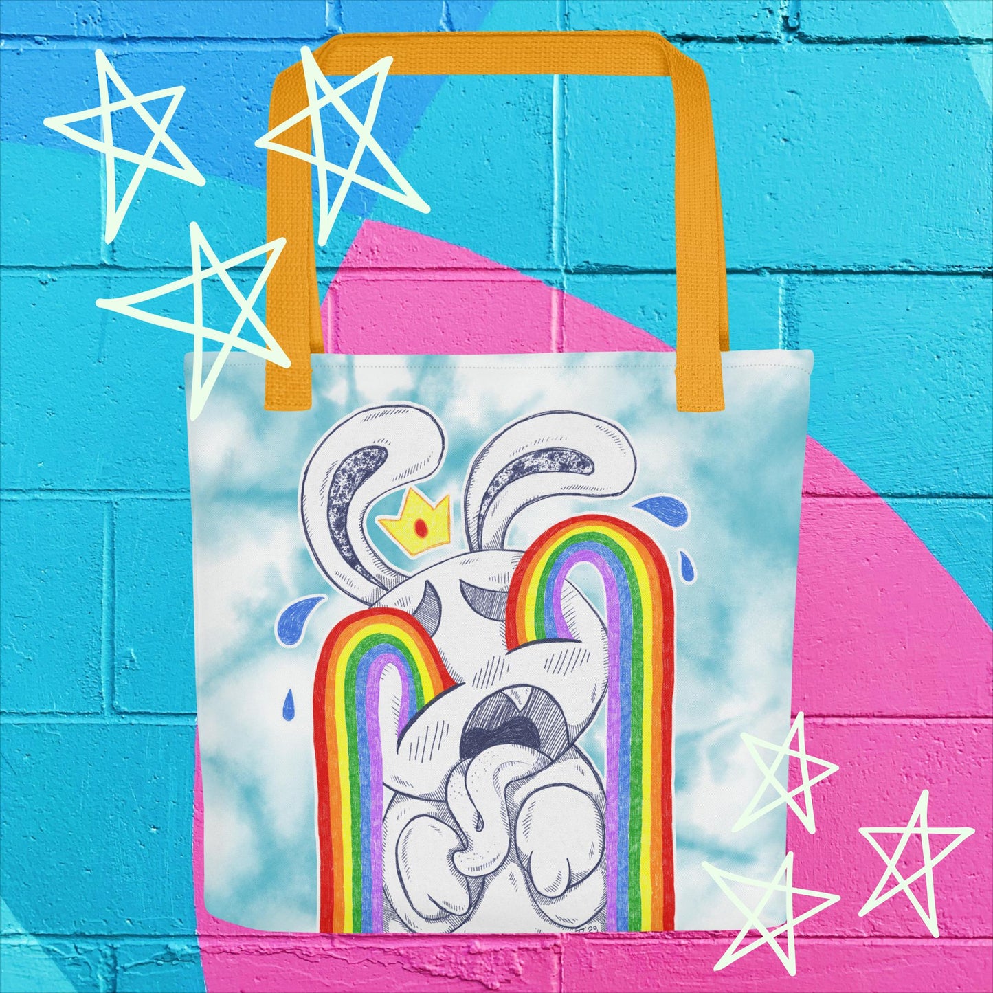 Rainbow Tears Tote Bag: Expressive Sad Bunny Design for Colorful Emotions