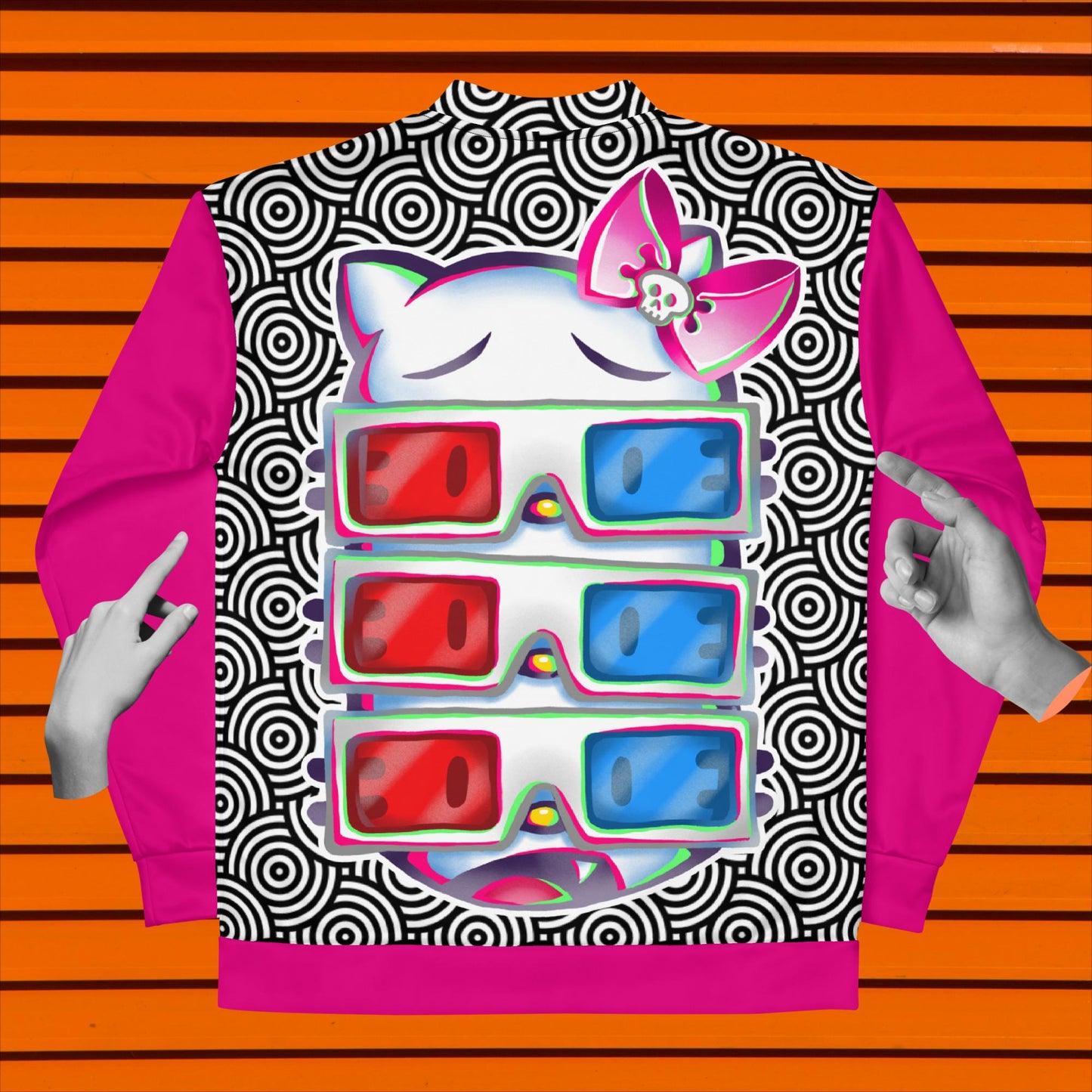 3D Kitty Bomber Jacket - Playful Pink and Monochrome Style