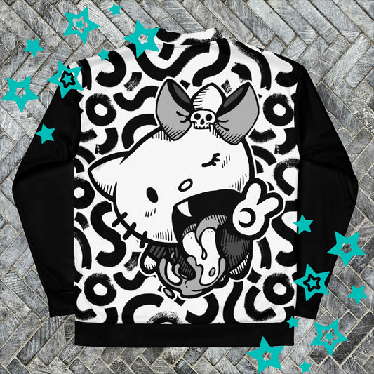 High-Contrast Kitty Bomber Jacket - Bold Black & White Style