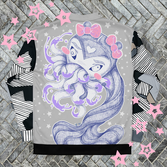 Monochrome Cute-Thulhu Bomber Jacket - Vibrant Pink & Purple Eldritch Art