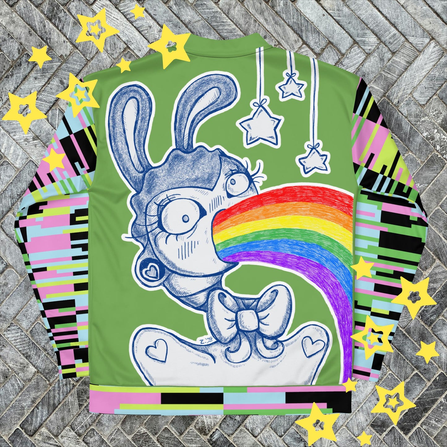 Vibrant Greens & Pinks Rainbow Rabbit Bomber Jacket - Artistic Expression