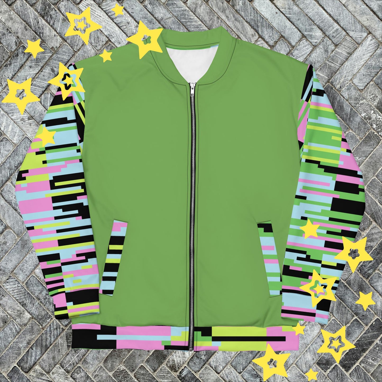 Vibrant Greens & Pinks Rainbow Rabbit Bomber Jacket - Artistic Expression