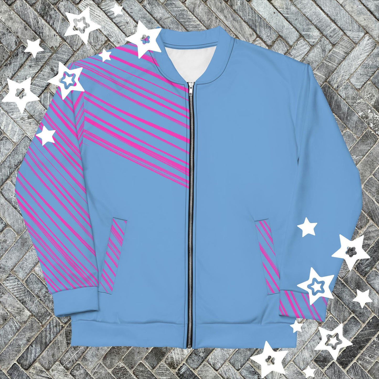 Sky Blue & Pink Split in Two Bomber Jacket - Unconventional Artistry