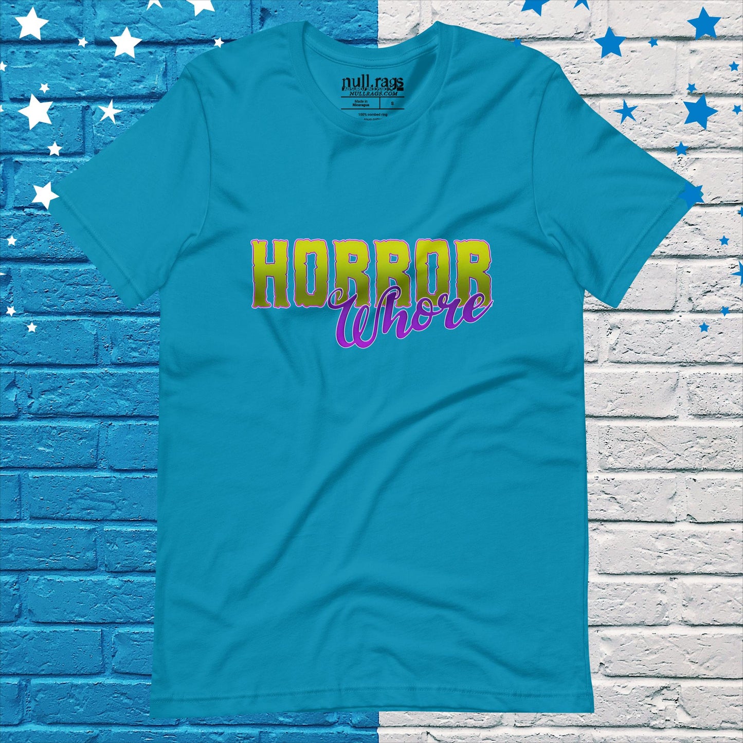 Embrace the Macabre: 'Horror Whore' Unisex Tee in Enchanting Purple and Green