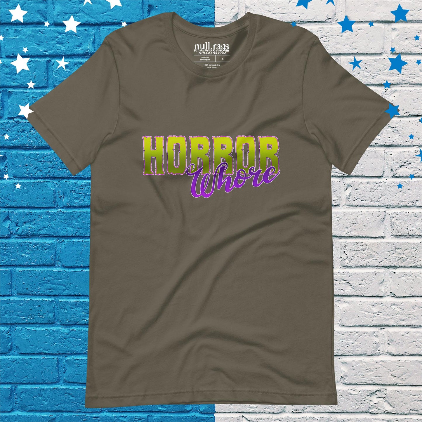 Embrace the Macabre: 'Horror Whore' Unisex Tee in Enchanting Purple and Green