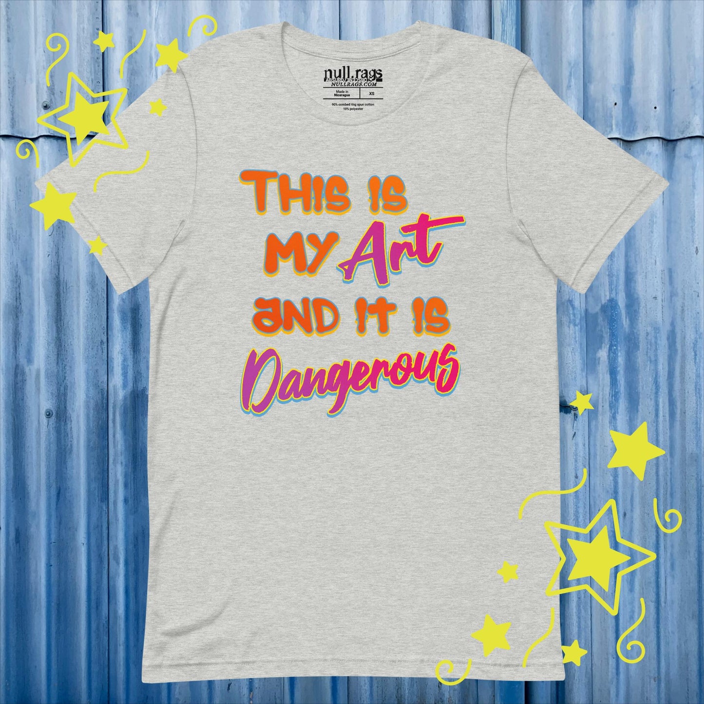 Embrace the Danger: 'This is My Art and It is Dangerous' Unisex Tee in Vibrant Orange and Pink