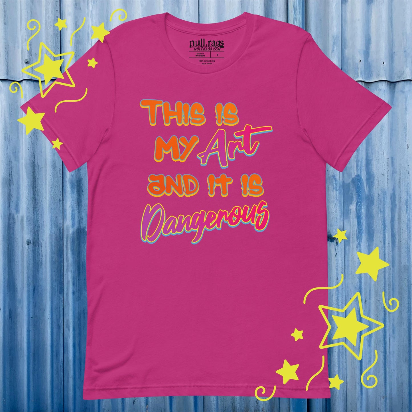 Embrace the Danger: 'This is My Art and It is Dangerous' Unisex Tee in Vibrant Orange and Pink