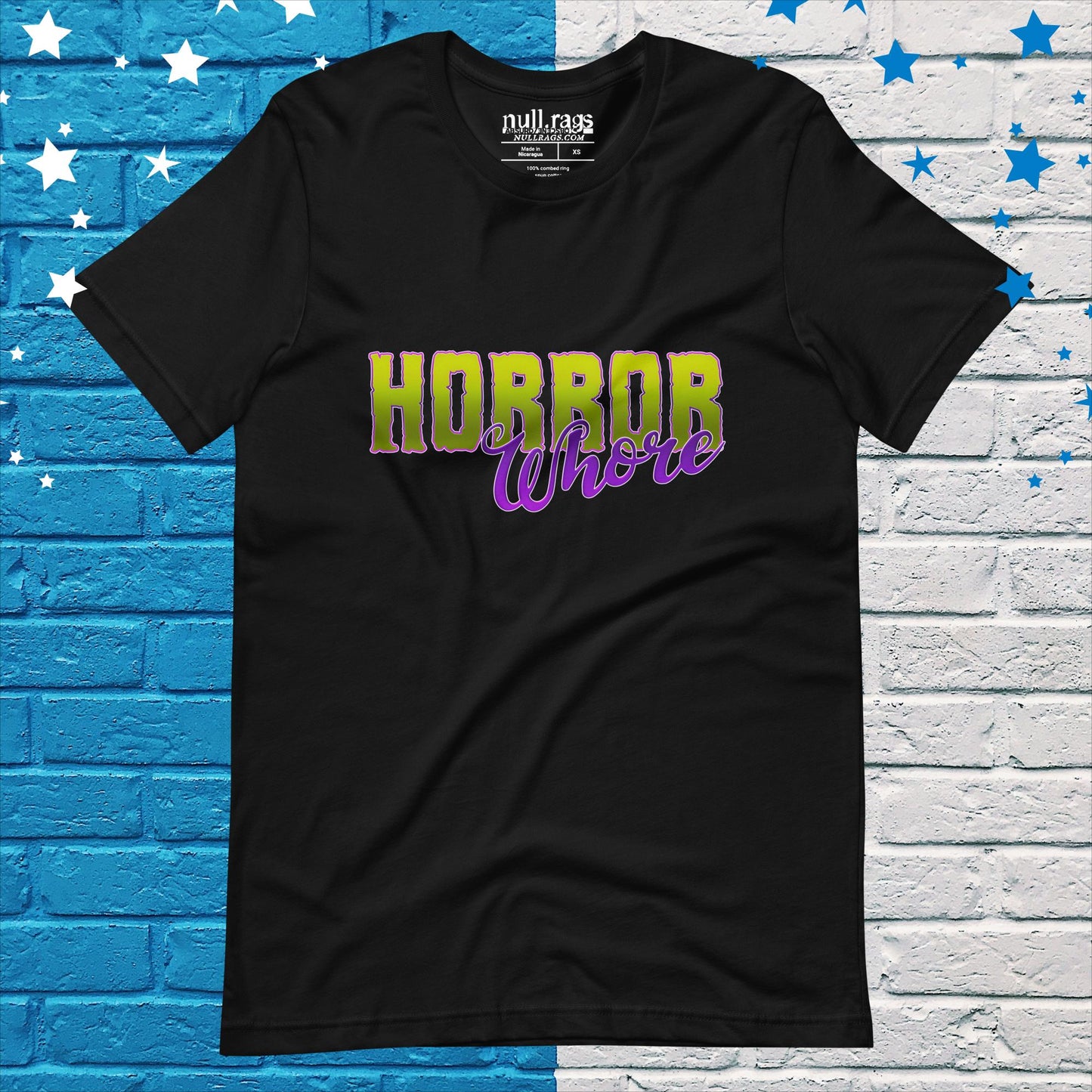 Embrace the Macabre: 'Horror Whore' Unisex Tee in Enchanting Purple and Green