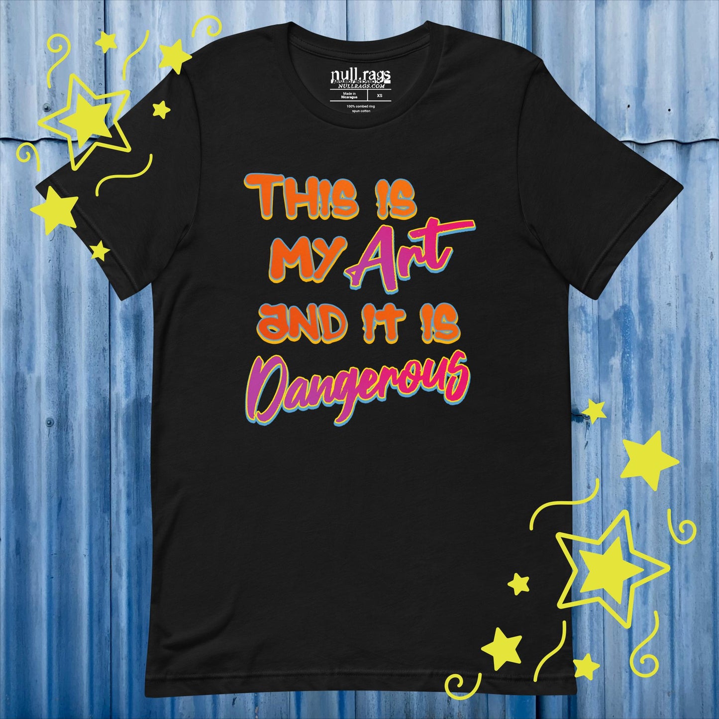 Embrace the Danger: 'This is My Art and It is Dangerous' Unisex Tee in Vibrant Orange and Pink