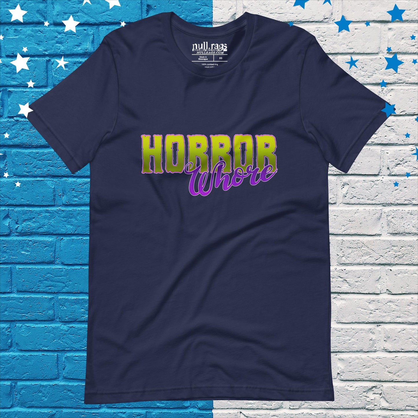 Embrace the Macabre: 'Horror Whore' Unisex Tee in Enchanting Purple and Green