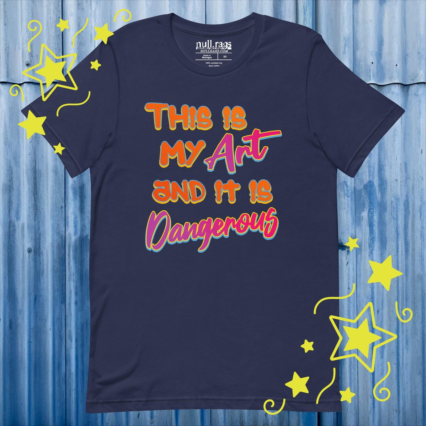 Embrace the Danger: 'This is My Art and It is Dangerous' Unisex Tee in Vibrant Orange and Pink