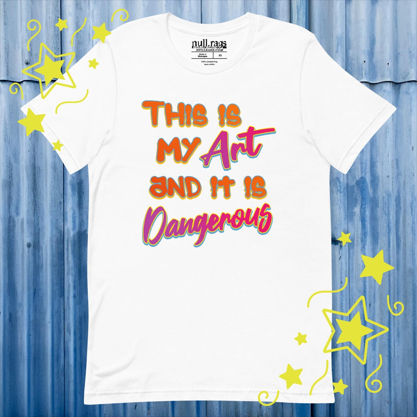 Embrace the Danger: 'This is My Art and It is Dangerous' Unisex Tee in Vibrant Orange and Pink