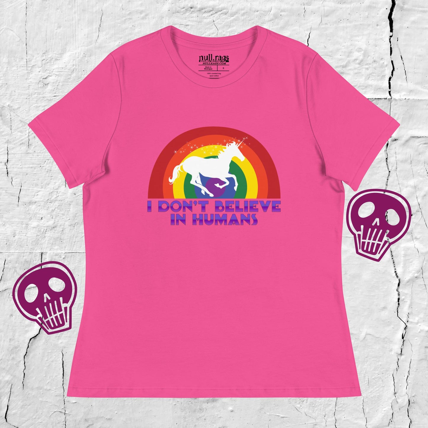 Unicorn Utopia: 'I Don't Believe in Humans' Rainbow Femme Fit Tee