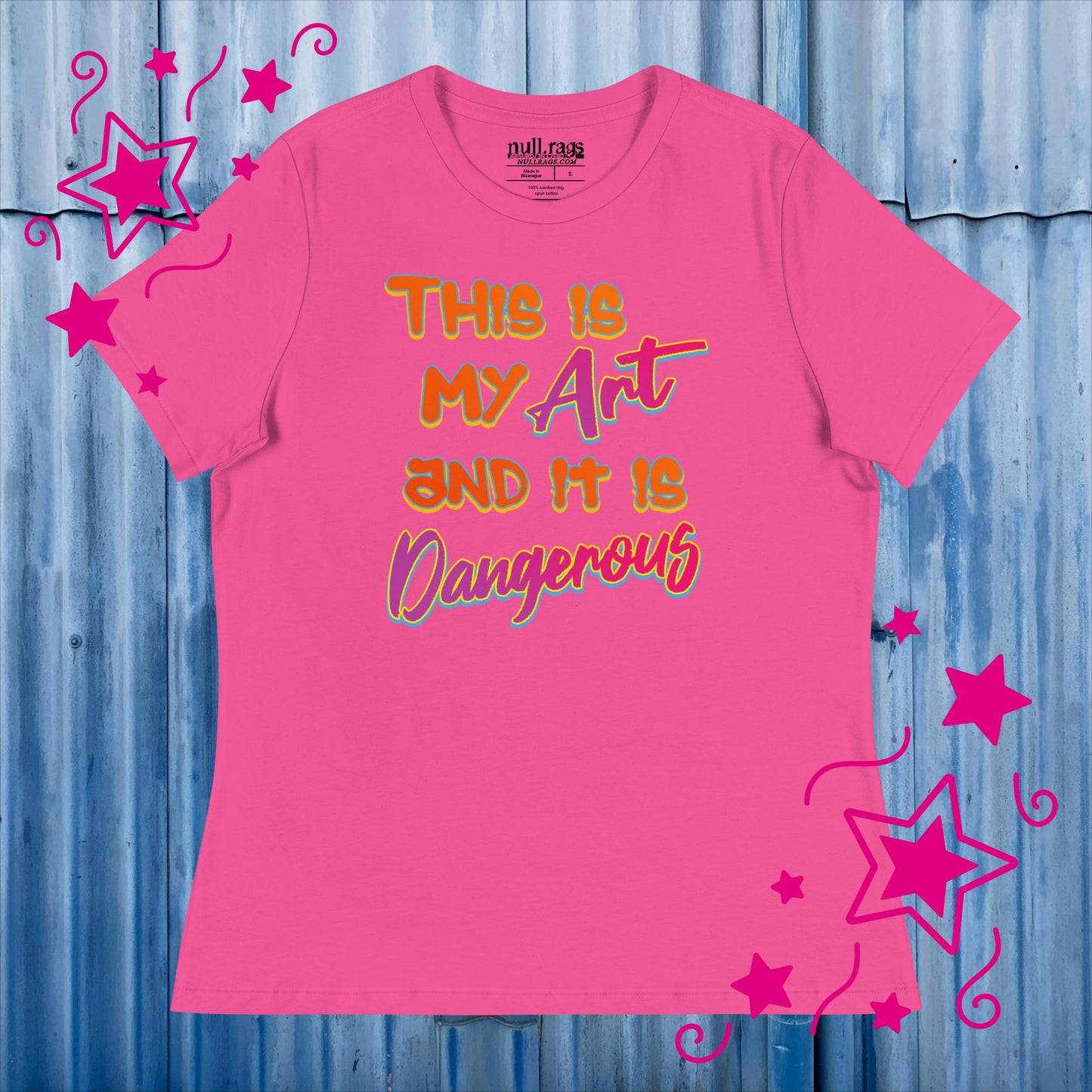 Embrace the Danger: 'This is My Art and It is Dangerous' Femme Fit Tee in Vibrant Orange and Pink