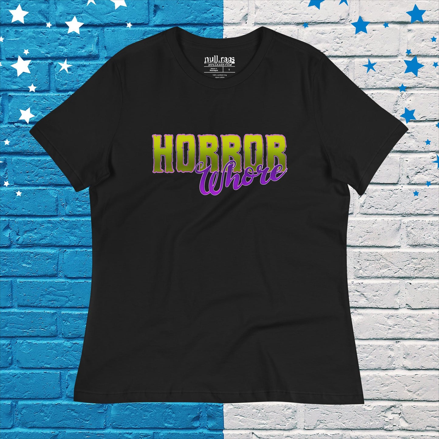 Embrace the Macabre: 'Horror Whore' Femme Fit Tee in Enchanting Purple and Green