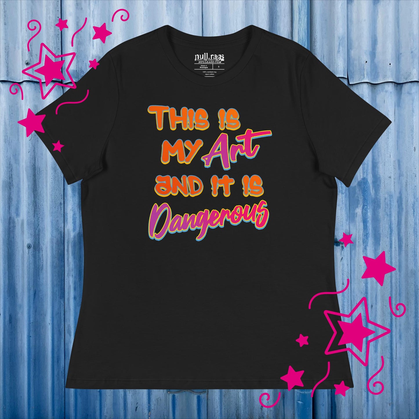 Embrace the Danger: 'This is My Art and It is Dangerous' Femme Fit Tee in Vibrant Orange and Pink