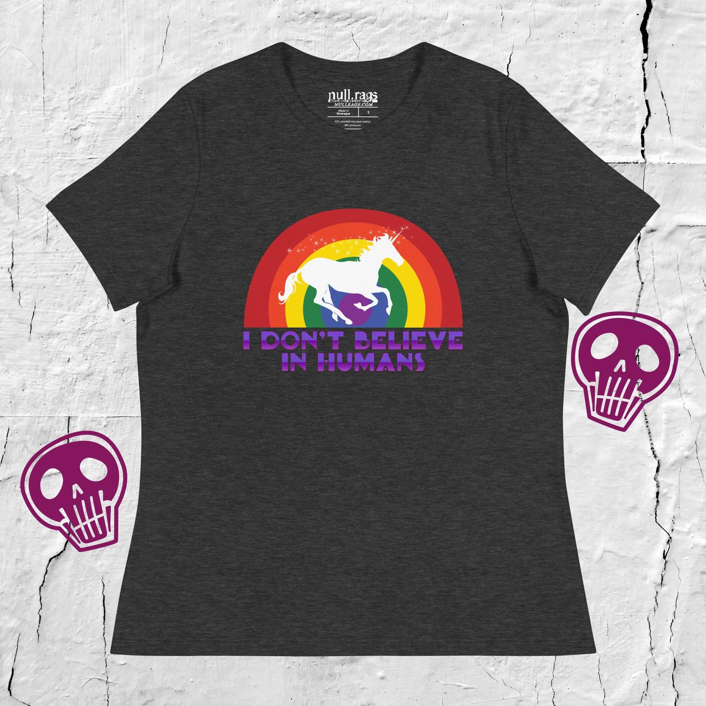 Unicorn Utopia: 'I Don't Believe in Humans' Rainbow Femme Fit Tee