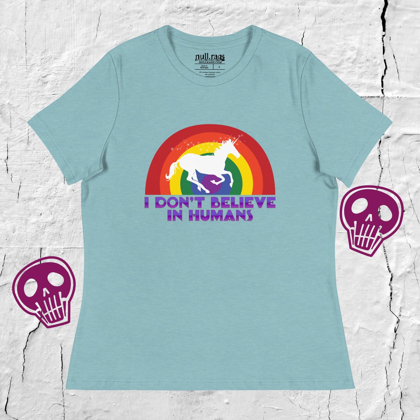 Unicorn Utopia: 'I Don't Believe in Humans' Rainbow Femme Fit Tee