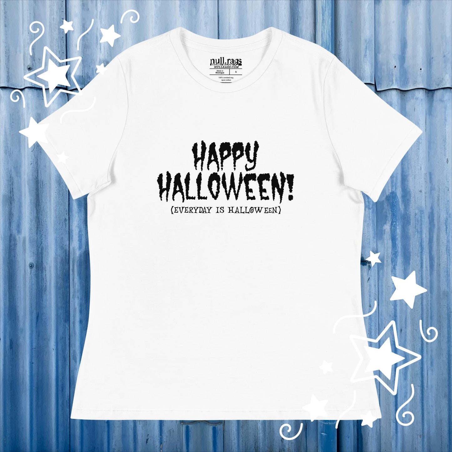 Embrace the Spookiness: 'Happy Halloween (Every Day is Halloween)' Femme Fit Tee in Creepy Fonts