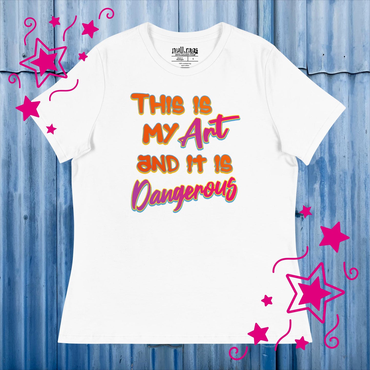 Embrace the Danger: 'This is My Art and It is Dangerous' Femme Fit Tee in Vibrant Orange and Pink